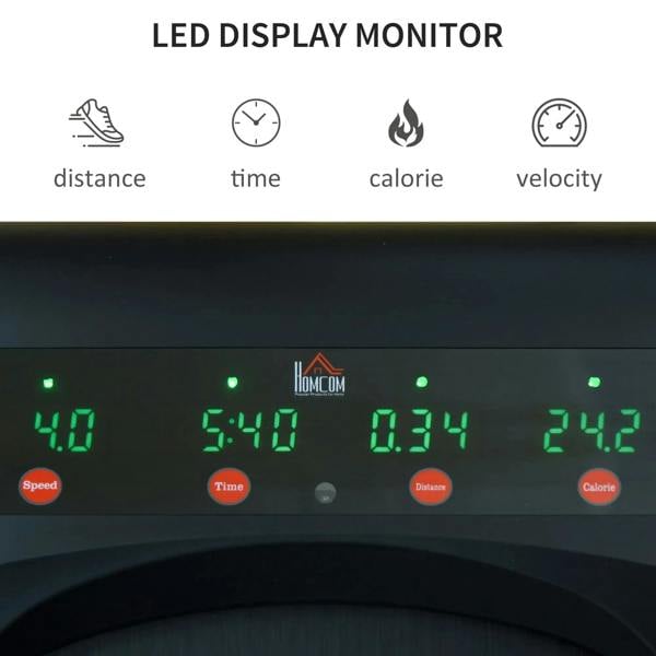 LED display monitor on black and red foldable walking treadmill showing speed and time