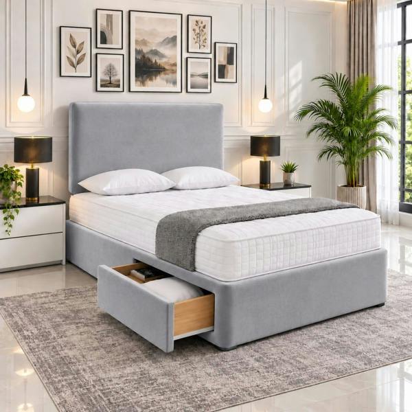 Paradise Beds Luxury Upholstered Divan Bed with Side Storage Drawers & Tall Headboard