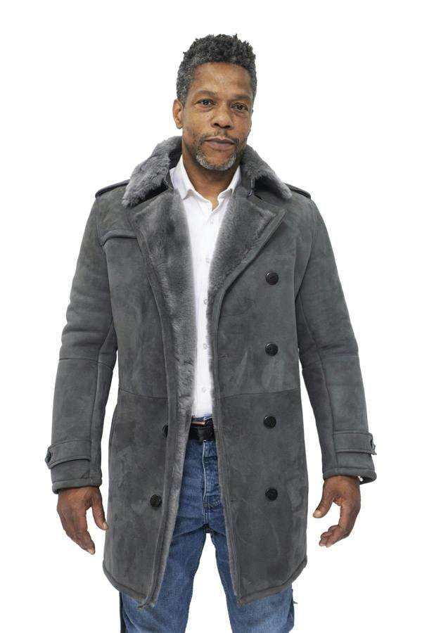 Infinity Leather Mens Shearling Sheepskin Suede Pea Coat-Cali