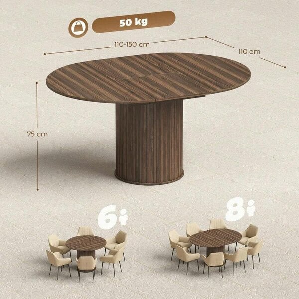 Extendable Round Dining Table Kitchen Table Hidden Leaf Storage Pedestal Base Seats 6-8 110-150 cm Dark Walnut