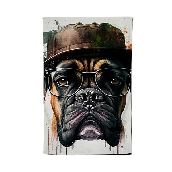 Warren Reed Boxer Dog With Glasses Splashart Tea Towel