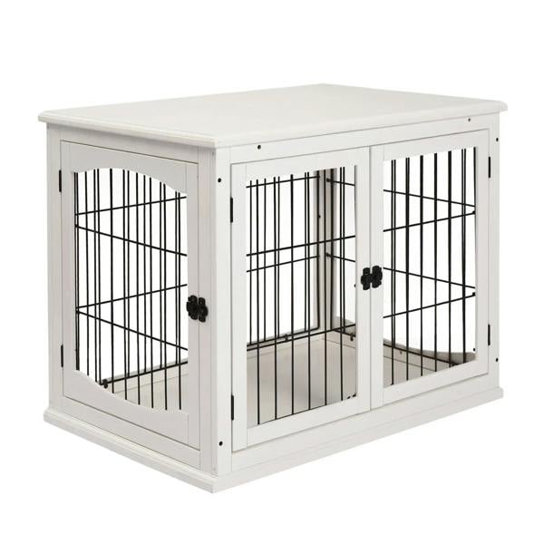 White dog crate end table with two front doors and black metal wire panels
