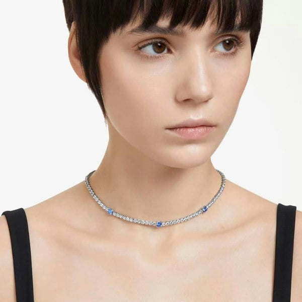 Swarovski Matrix Blue Mixed Cut Rhodium Plated Tennis Necklace 5666167 (M)