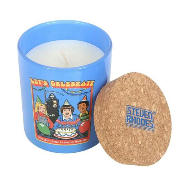 Blue “Let’s Celebrate” candle jar with cork lid beside it