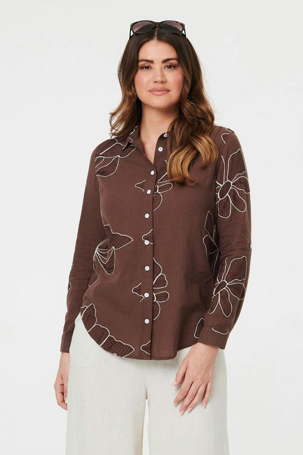 Brown | Floral Embroidered Detail Relaxed Shirt