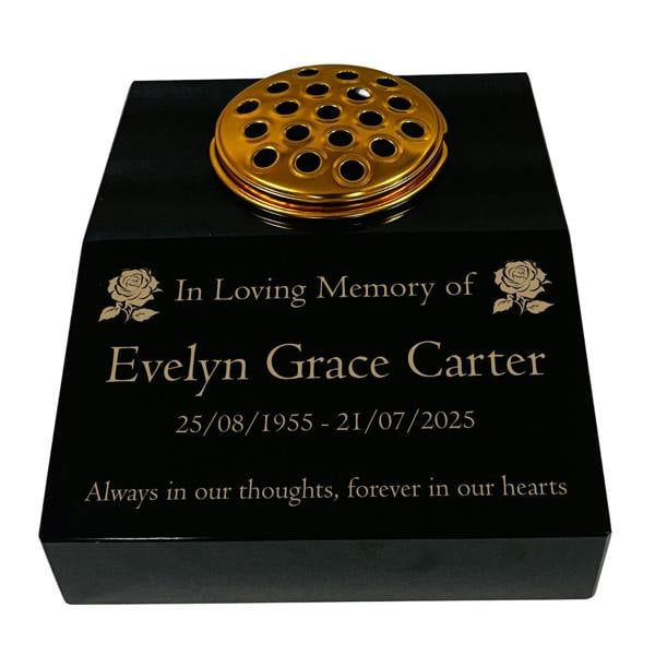 Memorials Direct Black Granite Sloping Memorial Desk with Vase – Rose Design, Free Gold Engraving