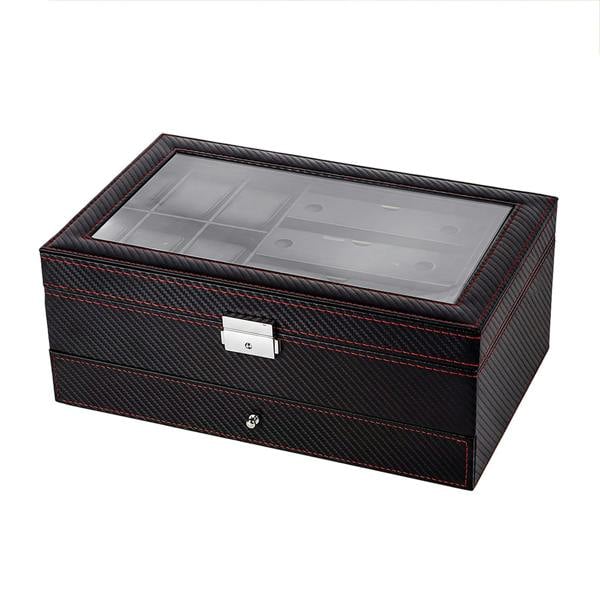 ilus Watch Box Watch Storage Jewelry Box 2 Layer Glass Lid Lockable Display Black