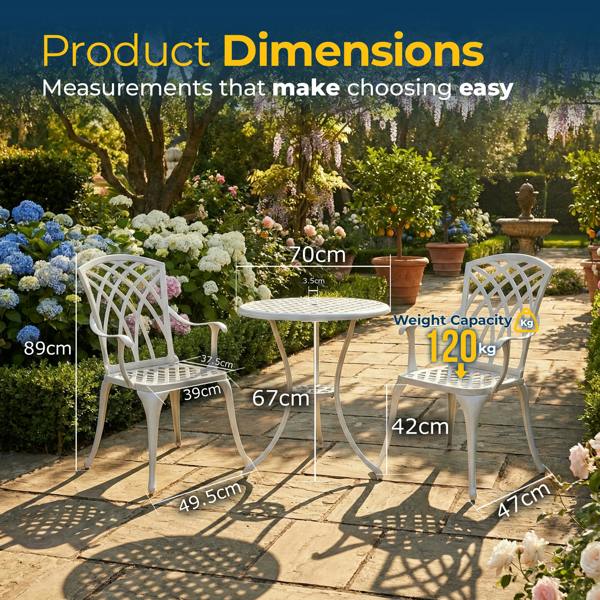 Homeology OSHOWA White Aluminium Weatherproof Outdoor Table and 2 Comfortable Chairs with Armrests Bistro Set