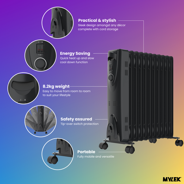 MYLEK Oil Filled Radiator 2500W Portable Heater Thermostat 3 Heat Settings Grey