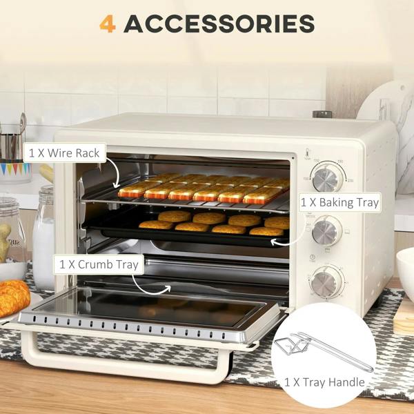 Cream mini countertop oven with accessories: wire rack, crumb tray, baking tray