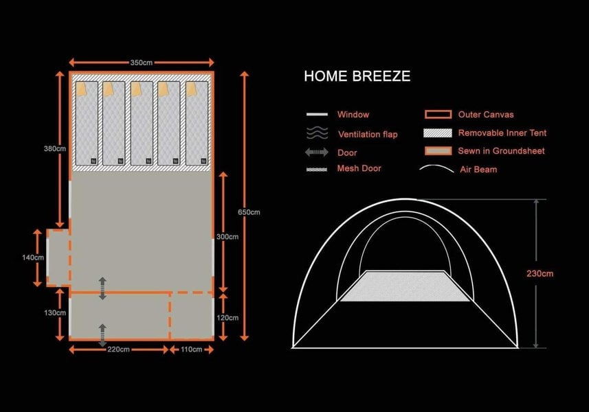 An info graphic of the Home 5 Berth Inflatable Family Tent from OLPRO depicting the product dimensions.