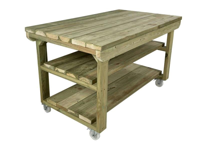 Wooden Super Heavy Duty Indoor/Outdoor Workbench 3ft-Depth Double Shelf and Wheels, Sturdy Workstation for Garages, Sheds, and Workshops