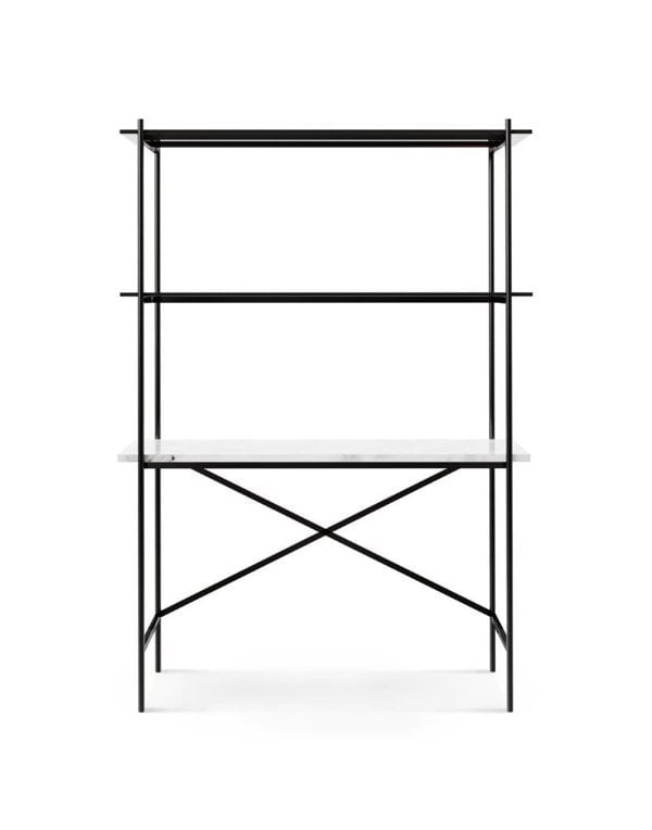Adriana Bookshelf & Desk - Black Glass Shelves, White Marble Desk, Dark Chrome Frame @ GillmoreSPACE Ltd