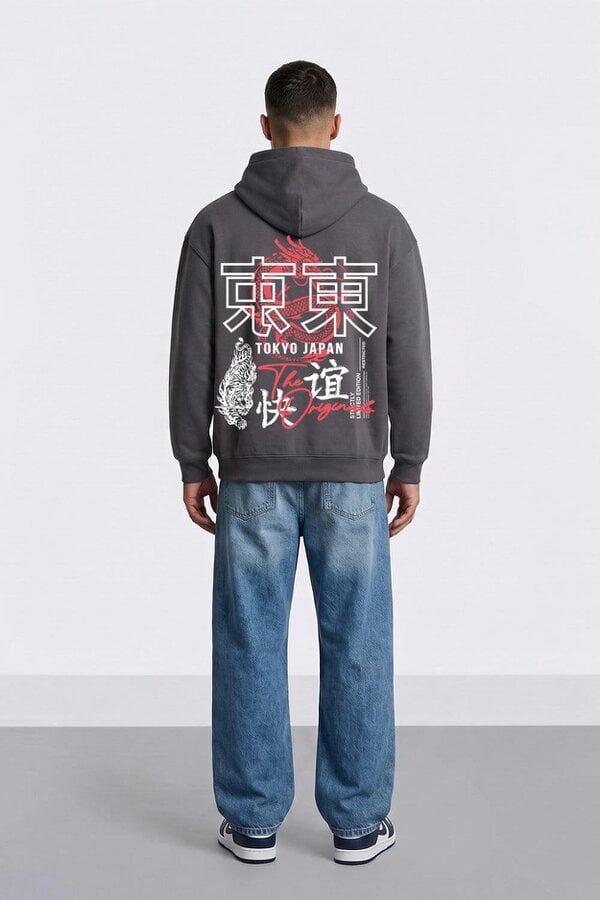 London Attitude Relaxed Fit Tokyo Japan Graphic Hoodie - Steel Grey