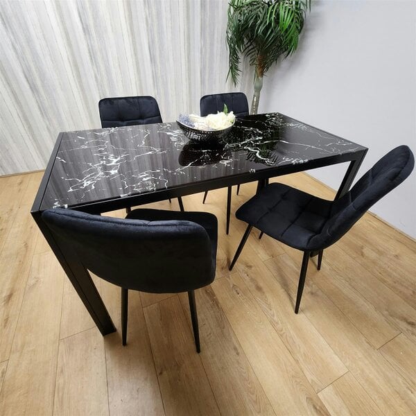 Kosy Koala Dining Table and 4 Chairs Black Marble Effect Glass 4 Velvet Black Chairs Dining Room Furniture