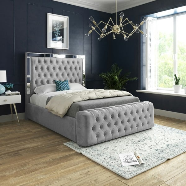 Casa Magna Marino Mirror Upholstered Soft Velvet Bed Frame - Grey