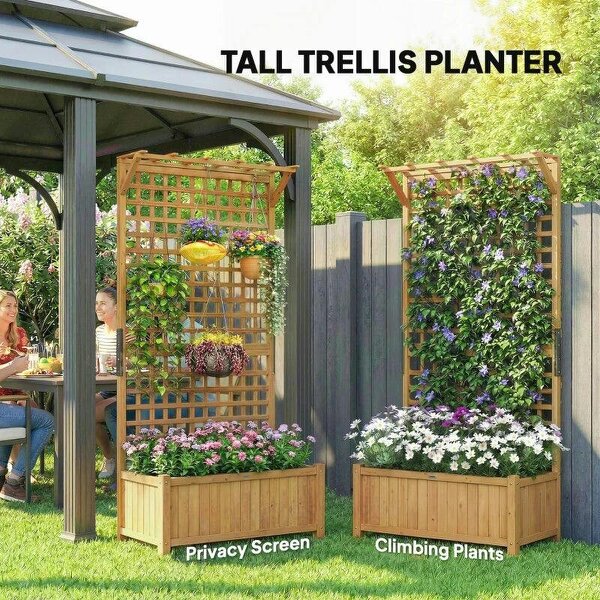 Raised Bed with Drainage Holes, Wood Planter with Trellis for Climbing Plants to Grow Vegetables, Flowers, Yellow