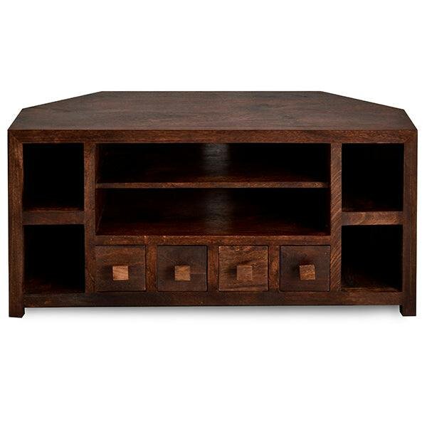 Wyld Haus Phuket Dark Mango Wood Corner TV Unit 4 Drawers 6 Shelves