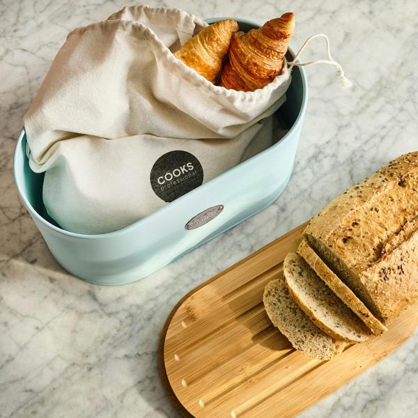 Cooks Professional Bread Bin, Linen Bag and Bamboo Board Set | Blue / Silver