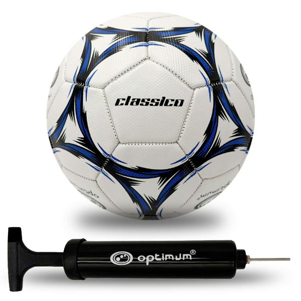 Optimum Classico Football in Black/Blue, shown with a pump