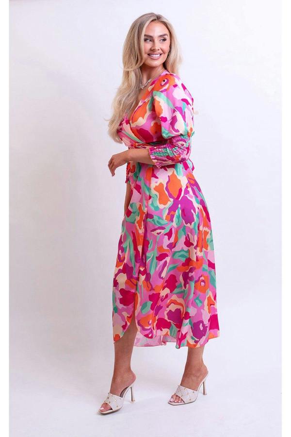 Haniya Wrap Front Printed Midi Dress - Pink