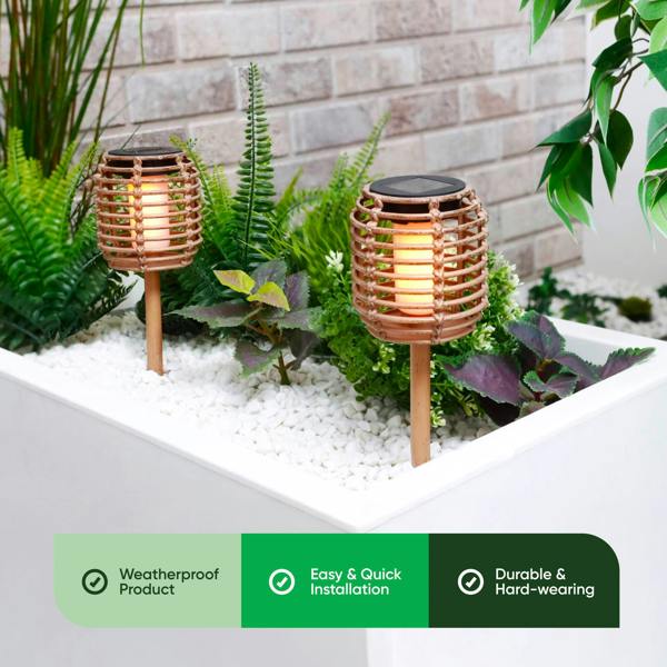 Gardenwize Pack of 2 Solar Rattan Effect Stake Lights – Warm White LED Flame Effect