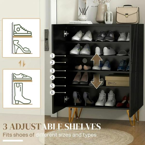 Black shoe cabinet with open doors and multiple adjustable shelves for shoes