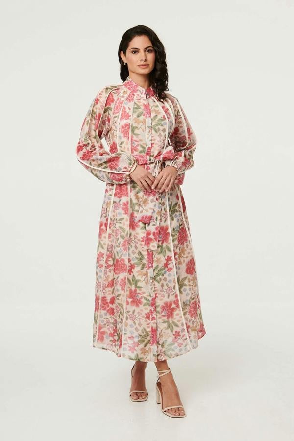 Pink | Floral Tie Waist High Neck Midi Dress : Model is 5'8"/172 cm and wears UK8/EU36/US4/AUS8