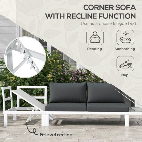 Wyld Haus Vayo Metal White Frame 5 Seater Reclining Corner Garden Sofa Set With Wood Effect Table And Grey Cushions