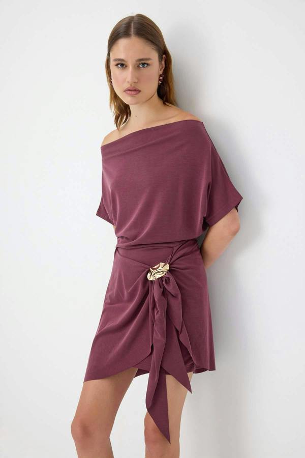 Premium Lyocell Boat Neck Drop Shoulder A-Line Mini Dress