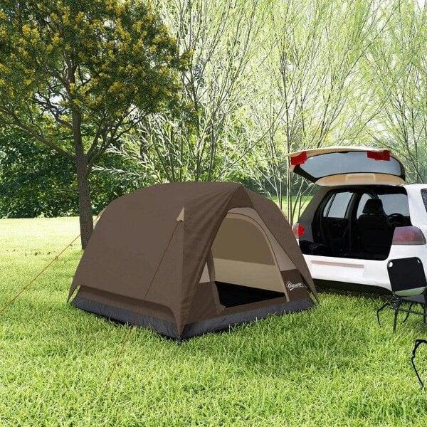 Camping Tent, Easy Set Up 2-3 Man Tent with Sewn-in Groundsheet, 3000 mm Dome Tent w/ Mesh Windows, Brown