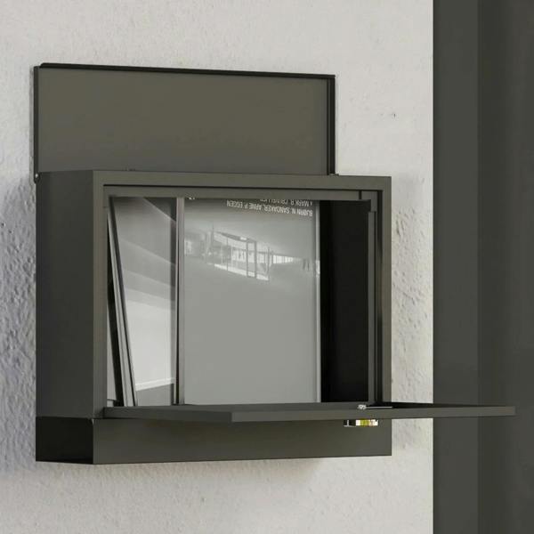Black wall-mounted mailbox with transparent viewing window and open front door