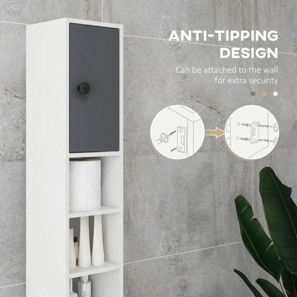 Slim grey bathroom cabinet with anti-tip wall mounting feature and cupboard door