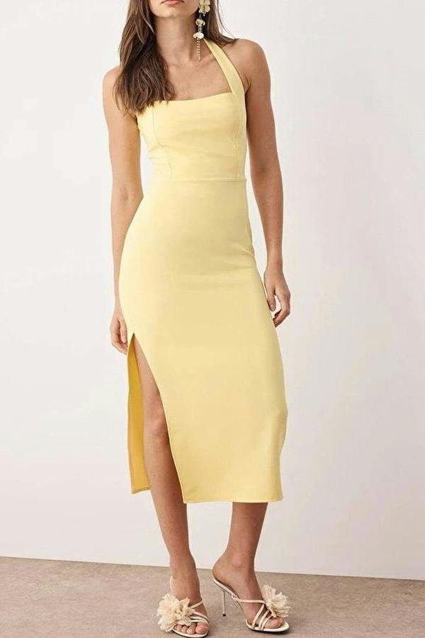 WOVCOR Body-Fitting Midi Woven Dress with Slit Detail