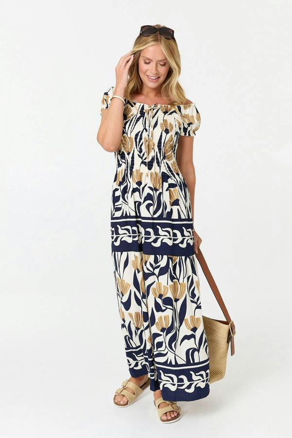 Navy | Floral Short Sleeve Bardot Maxi Dress