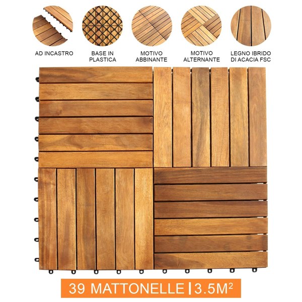 Wooden decking tiles in rich brown hues, featuring a mix of slatted and patterned designs, ideal for outdoor flooring solutions