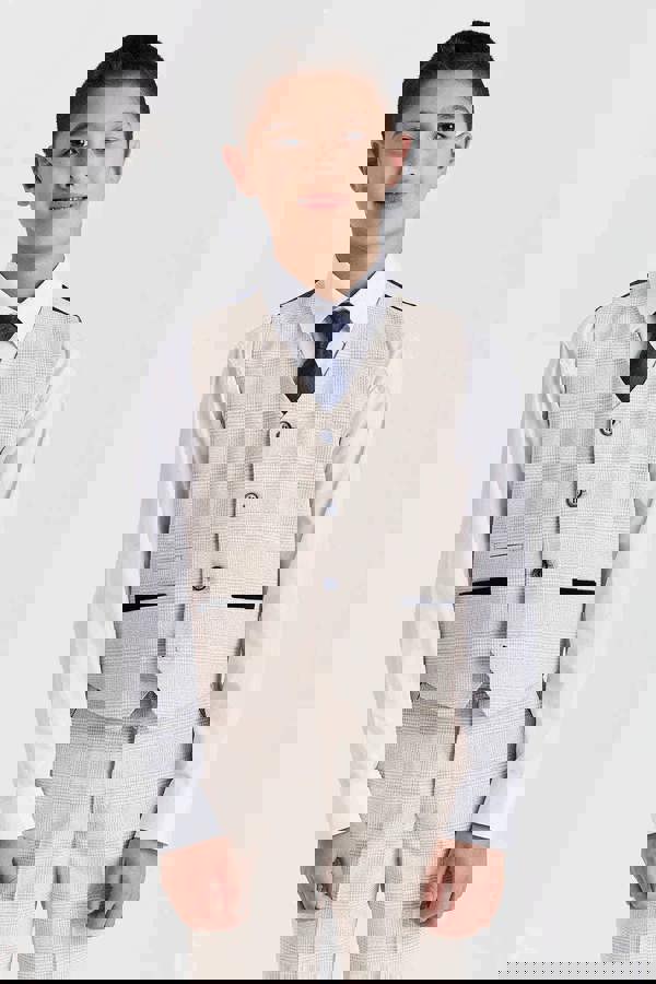 Paul Andrew Regent - Boys Cream 3 Piece Prince Of Wales Checked Suit
