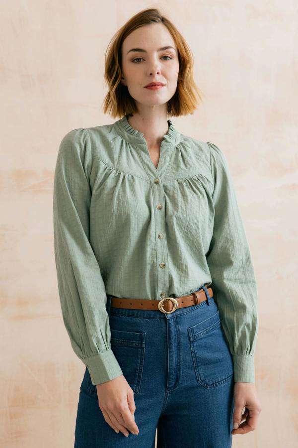 Lily & Me Wayfaring Embroidered Cotton Blouse Silver Sage