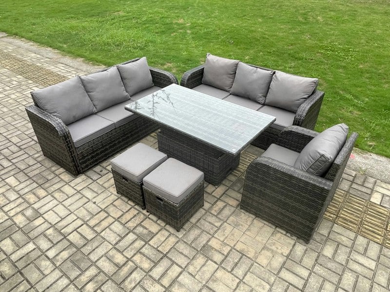 Fimous Dark Grey Mixed Rattan Outdoor Dining Set - Height Adjustable Lifting Table, Reclining Chair & 2 Small Footstools