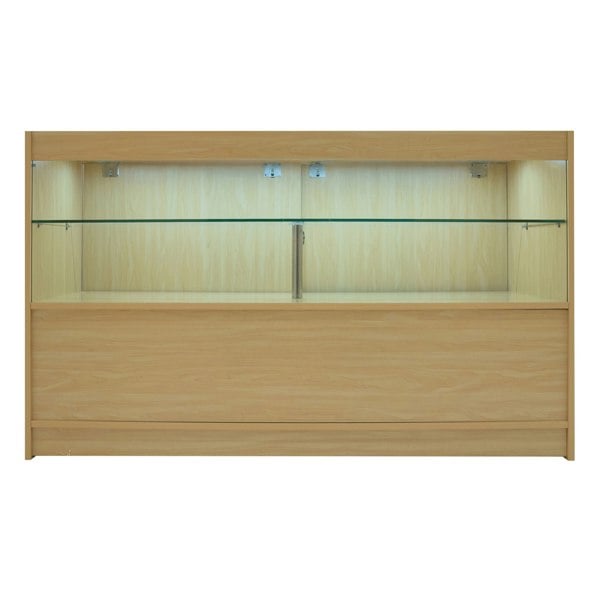 Maple Selene LED shop counter set with glass shelves, illuminated interior, and sleek modern design, ideal for retail displays