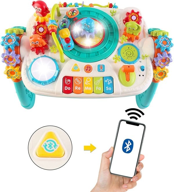 deAO Toys Children's Educational Toys 2-in-1 Multifunctional Bluetooth Learning Activity Table with Building Block Panel