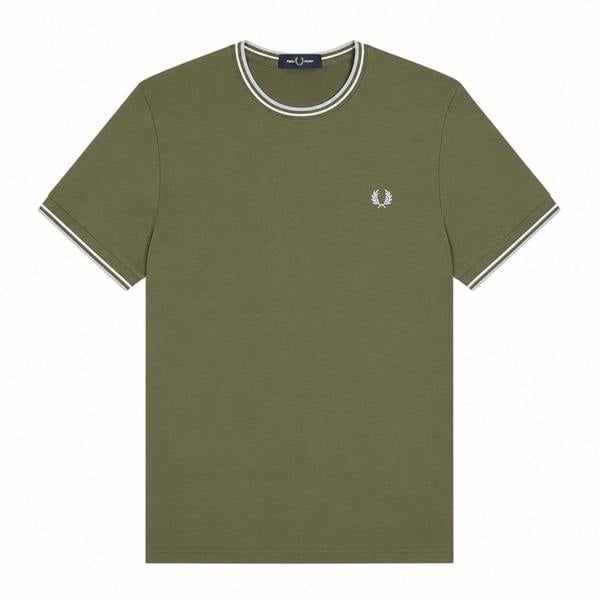 Fred Perry Twin Tipped T-Shirt in Laurel Wreath Green, Ecru, Dusky Blue with embroidered logo.