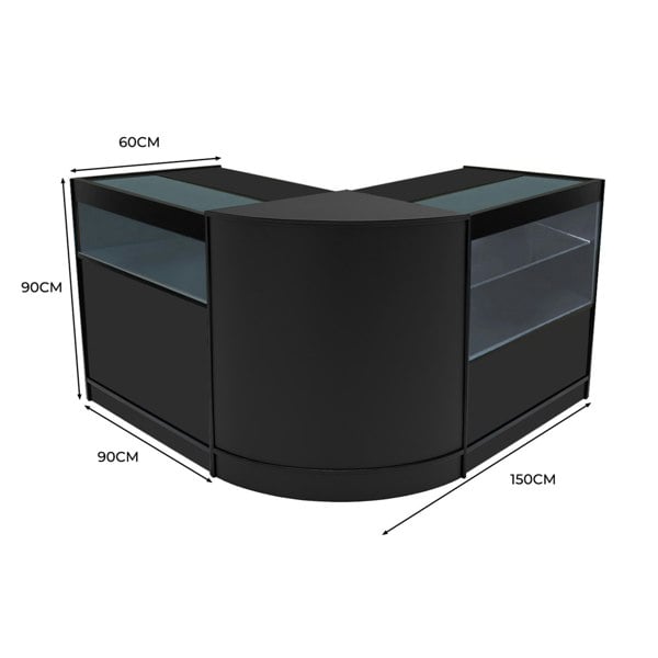 Black Adonis LED Shop Counter Set featuring a sleek curved design, glass display sections, and modern dimensions of 150x90x60 cm