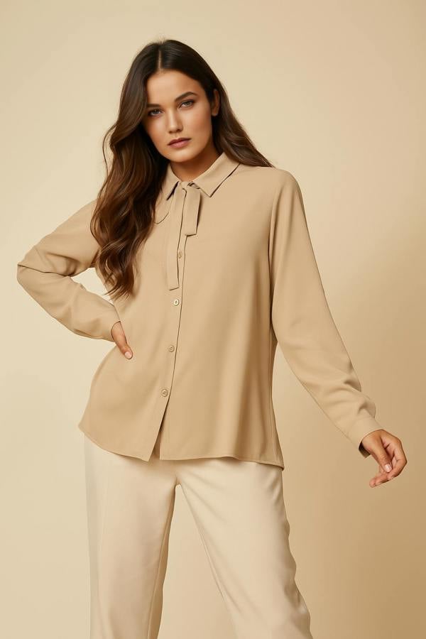 Hoxton Gal Tie Neck Oversized Top in Beige