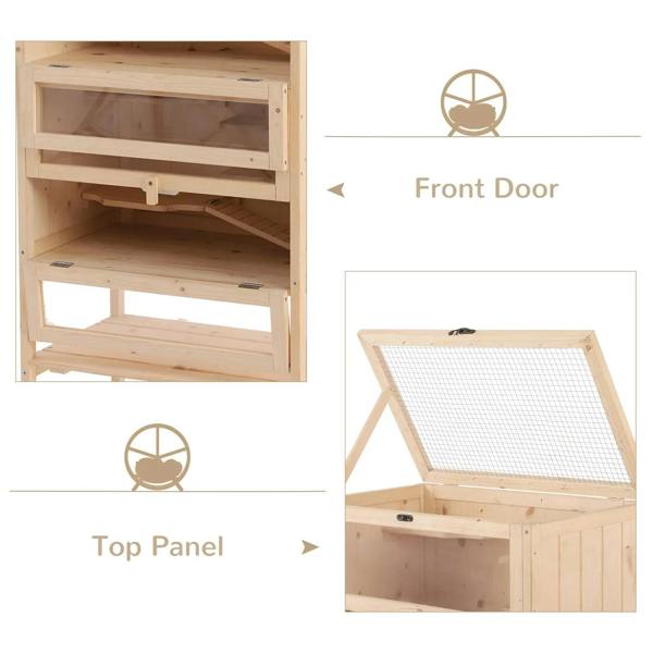 Natural wood cage with front opening door and top mesh panel for easy access