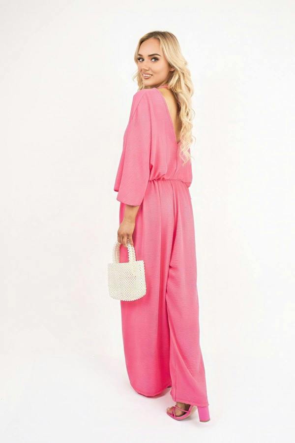 Maysa Wide Leg V Neck Jumpsuit With Back Tie Detail - Fuschia