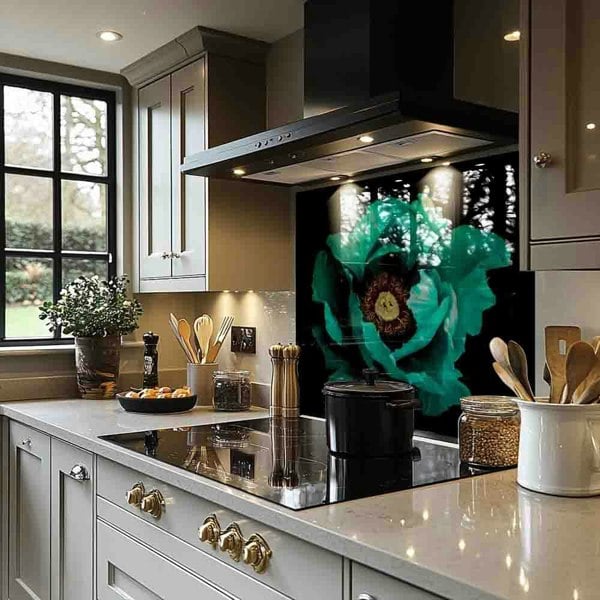 Benjamin Tate Design Cyan Peony Flower Splash Back
