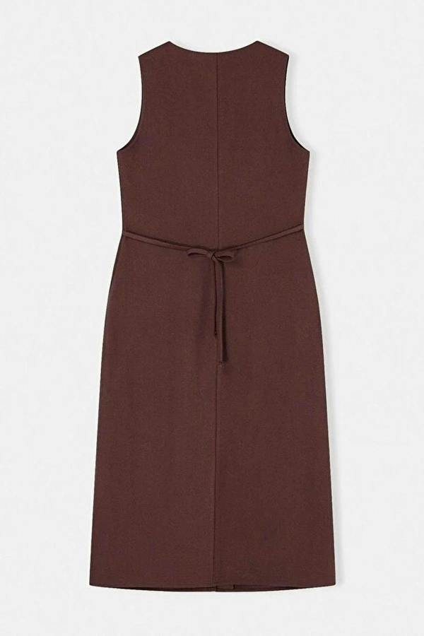 Belted Linen Blend V Neck Midi Shirt Dress