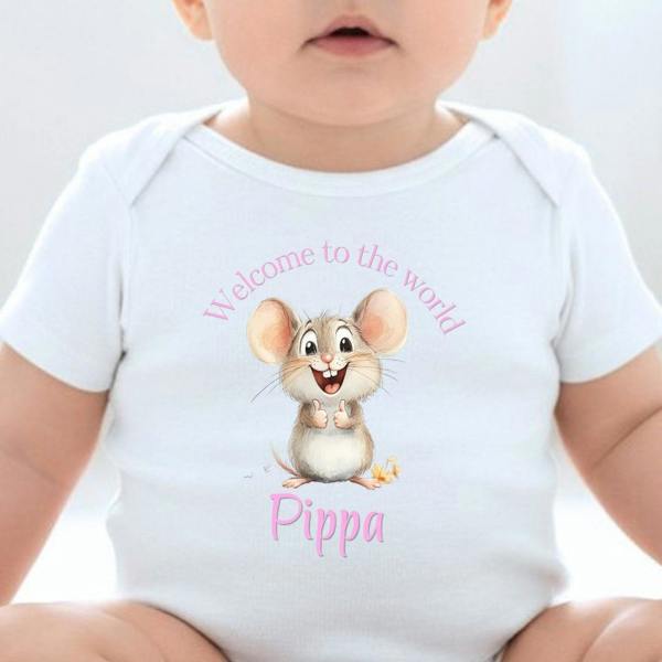 Personalised Pink Mouse Welcome Baby Grow, Vest or Bib with Name