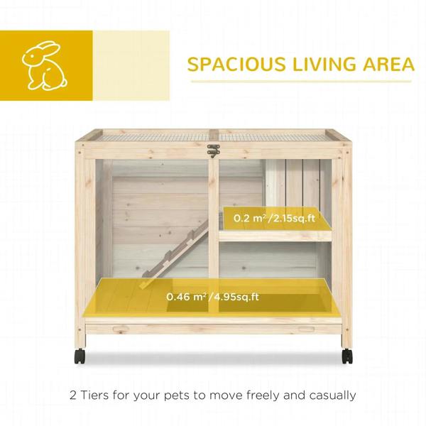 Two-tier wooden hutch with open front and ramp, caster wheels, spacious layout